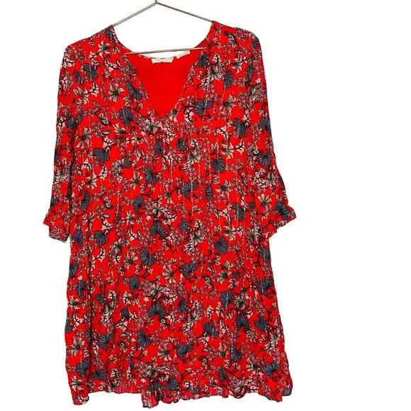 ba&sh Women's Red Floral Boho Babydoll Floral Print Smocked Mini Dress Size 2